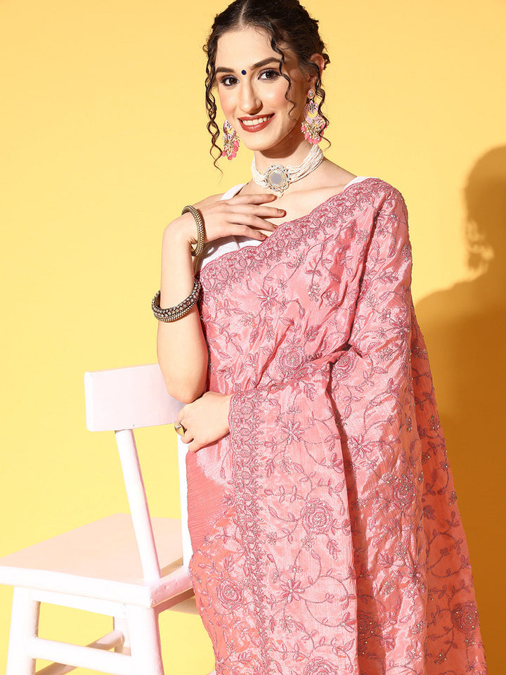 Pink Resham & Zari Floral Chinnon Roses Embellished Saree