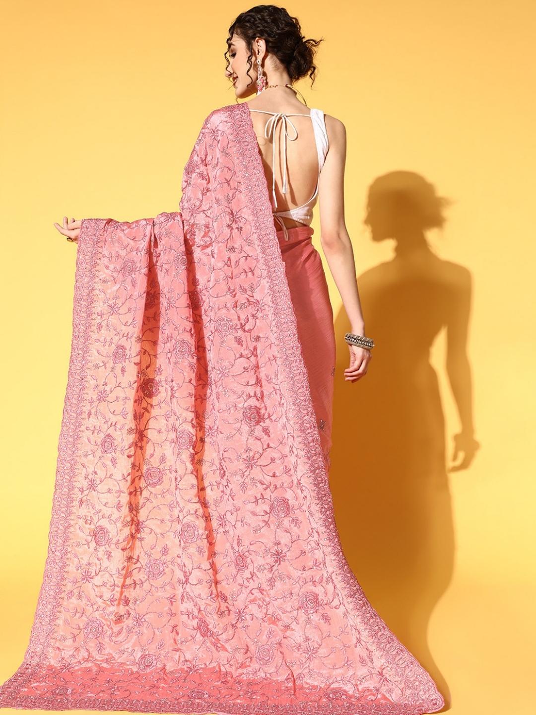Pink Resham & Zari Floral Chinnon Roses Embellished Saree