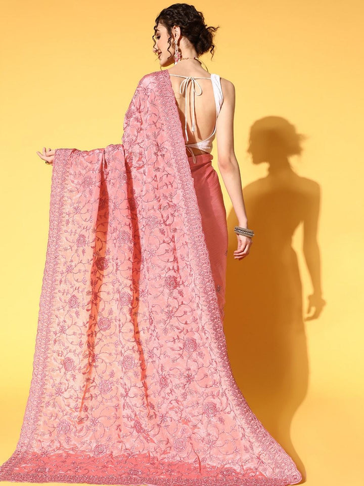 Pink Resham & Zari Floral Chinnon Roses Embellished Saree