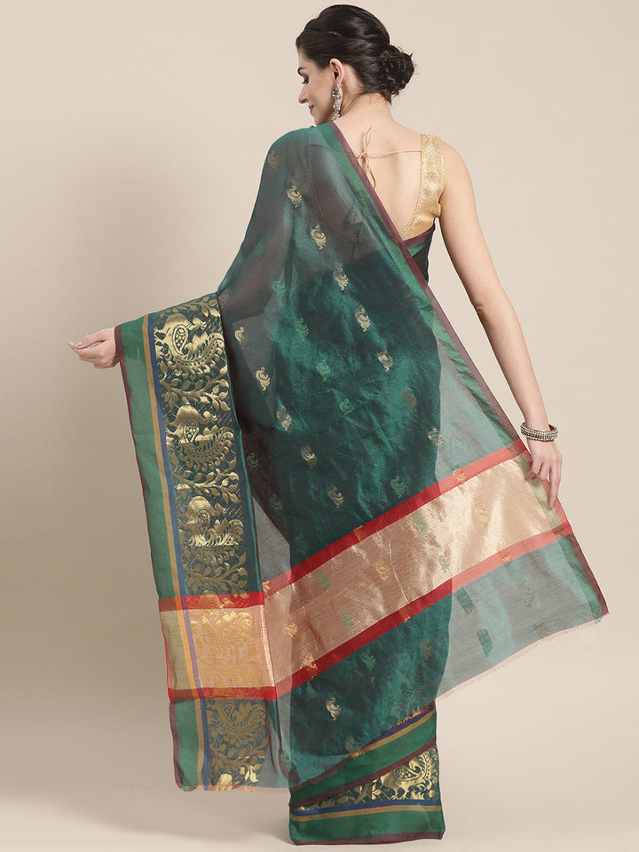 Chanderi Silk Saree with Zari Woven Peacock Pattern