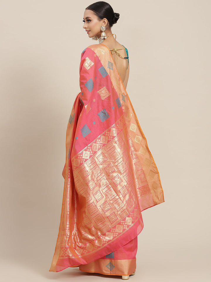 Coral Resham & Zari Woven Banarasi Silk Saree with Geometrical Motifs