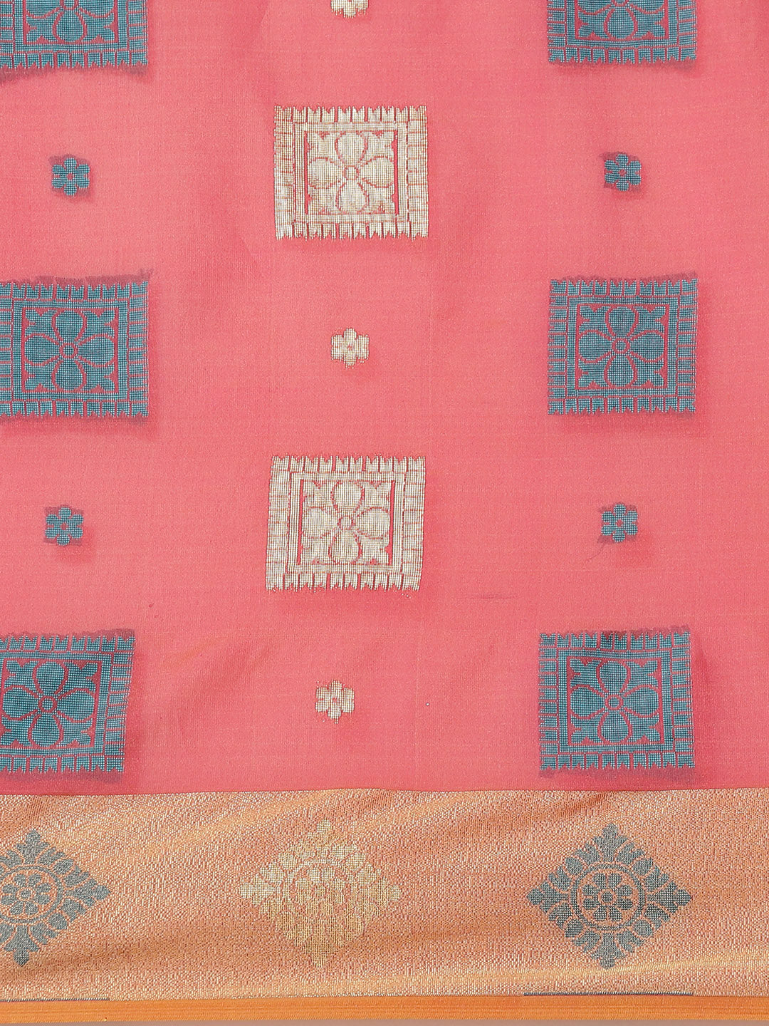 Coral Resham & Zari Woven Banarasi Silk Saree with Geometrical Motifs