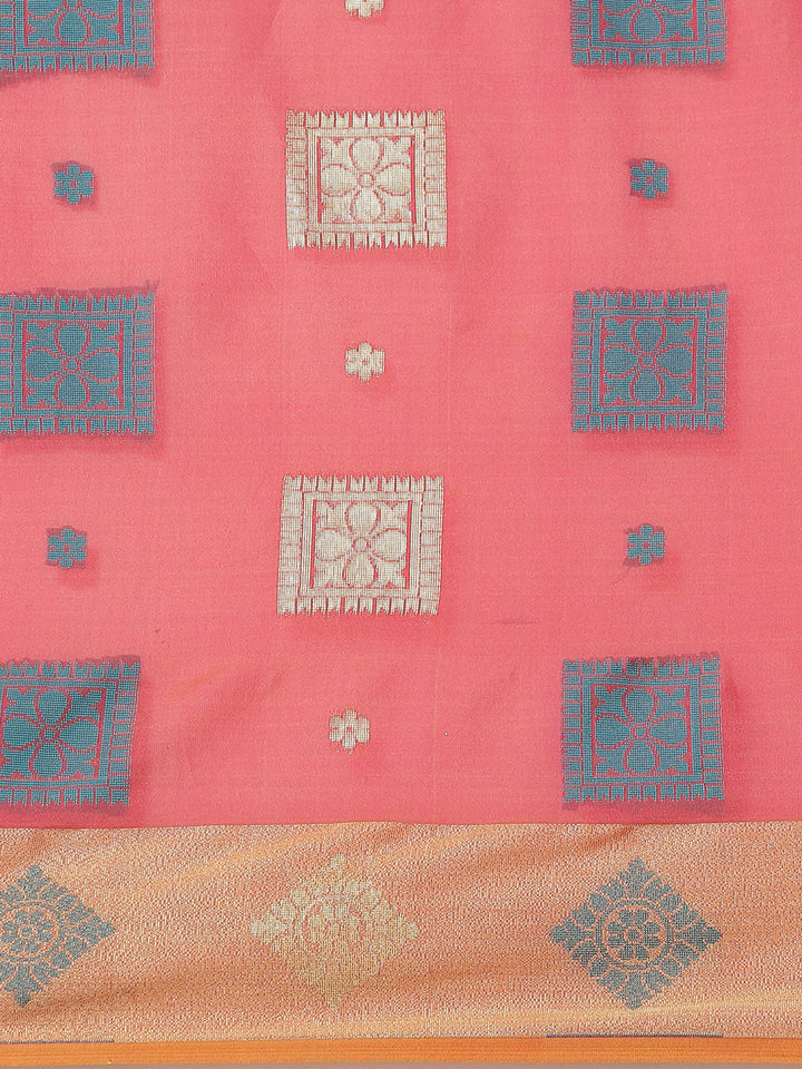 Coral Resham & Zari Woven Banarasi Silk Saree with Geometrical Motifs