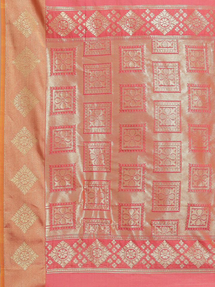 Coral Resham & Zari Woven Banarasi Silk Saree with Geometrical Motifs