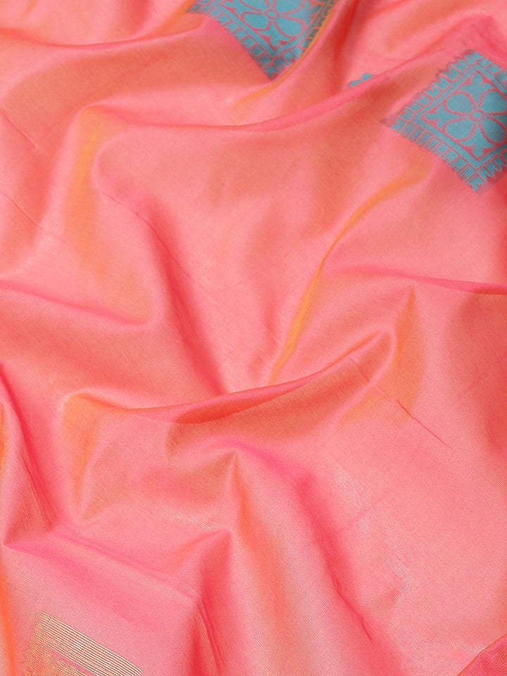 Coral Resham & Zari Woven Banarasi Silk Saree with Geometrical Motifs