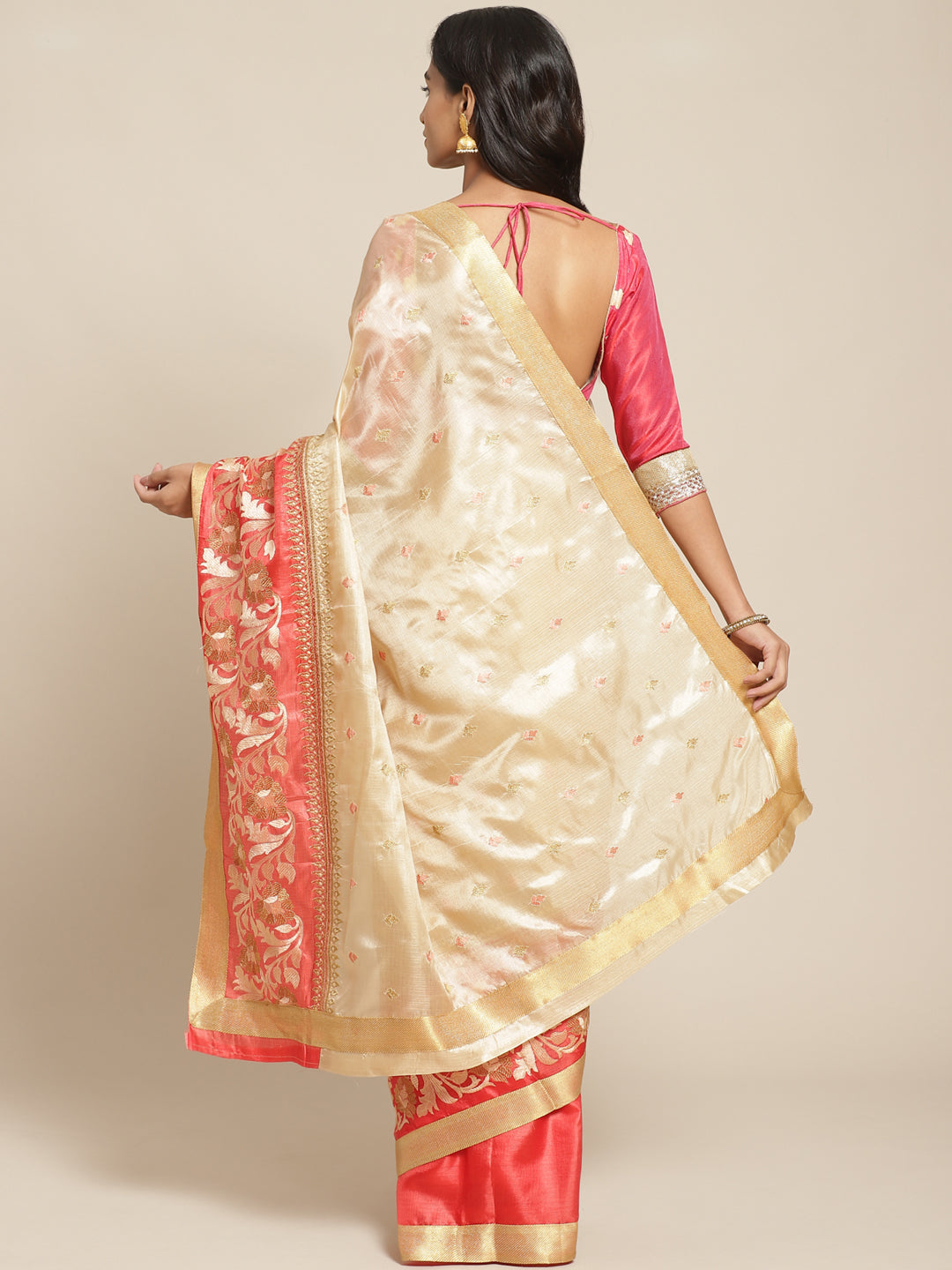 Tussar Handloom Banarasi Saree with Contrast Border & Resham Floral Embroidery