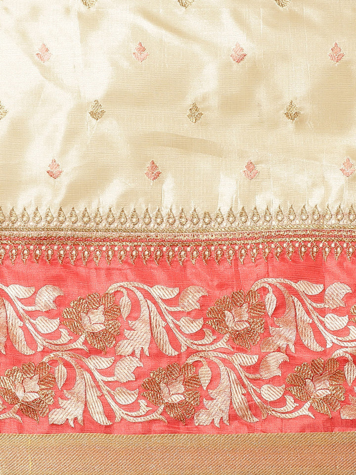 Tussar Handloom Banarasi Saree with Contrast Border & Resham Floral Embroidery