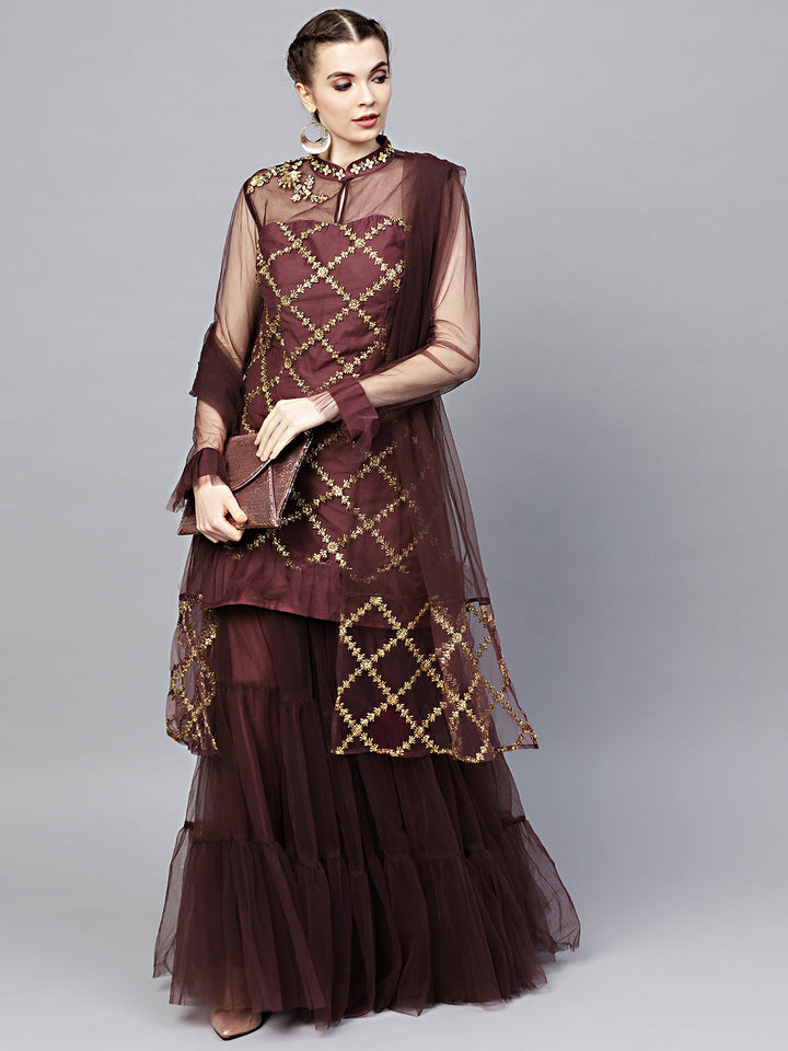 Kurta Sharara Set with Zari, Sequence, Pearl Embroidery