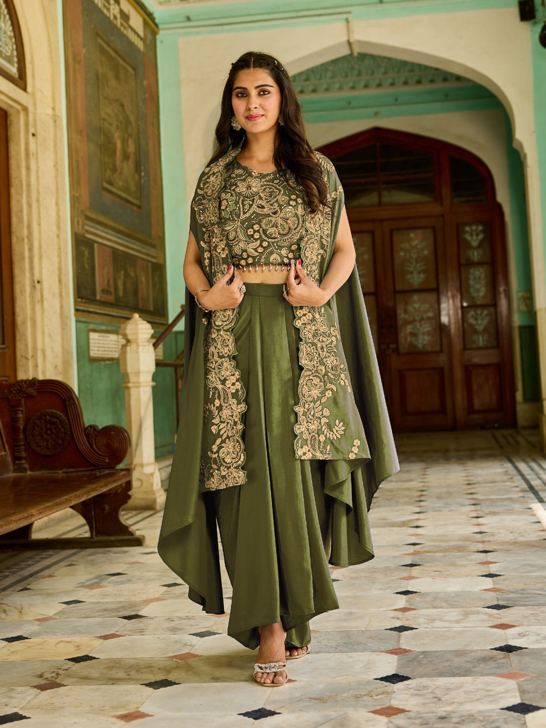 Zari Embroidery Indo-Western Set with Sequinned Shrug, Scalloping & Pleated Dhoti Skirt
