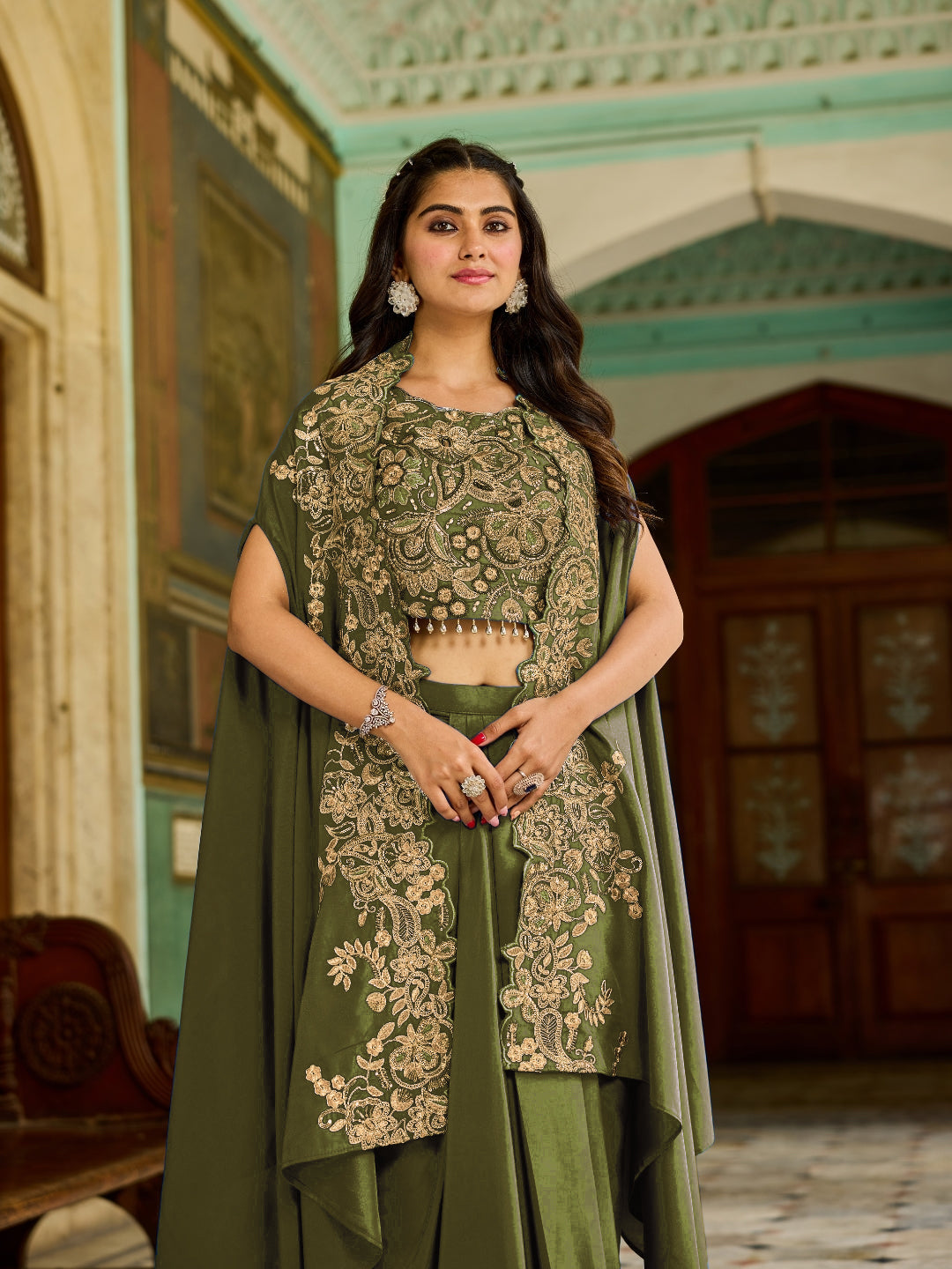 Zari Embroidery Indo-Western Set with Sequinned Shrug, Scalloping & Pleated Dhoti Skirt