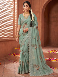 Powder blue Digital Printed Floral Saree with Sequin Embroidered Border