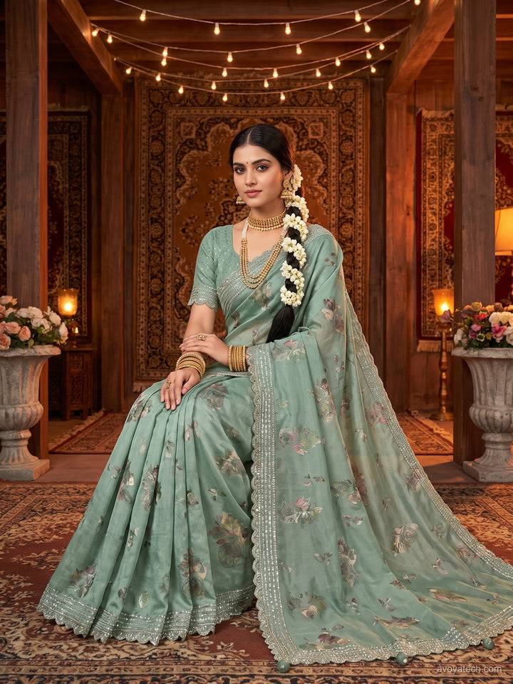 Powder blue Digital Printed Floral Saree with Sequin Embroidered Border