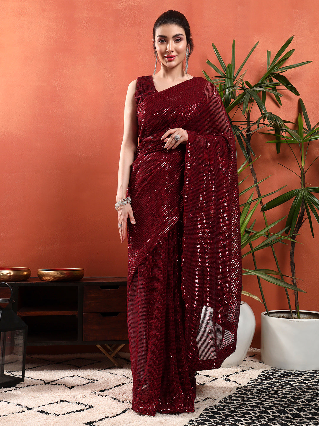 Cocktail Bling Flowy Embellished Saree with Allover Sequin Embroidery