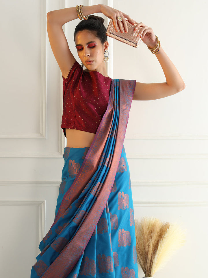 Traditional South Silk Saree with Mughal inspired Zari Woven Motifs