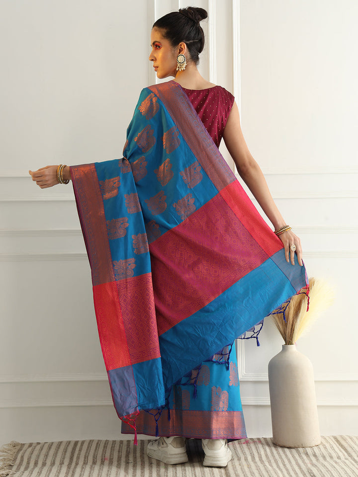 Traditional South Silk Saree with Mughal inspired Zari Woven Motifs