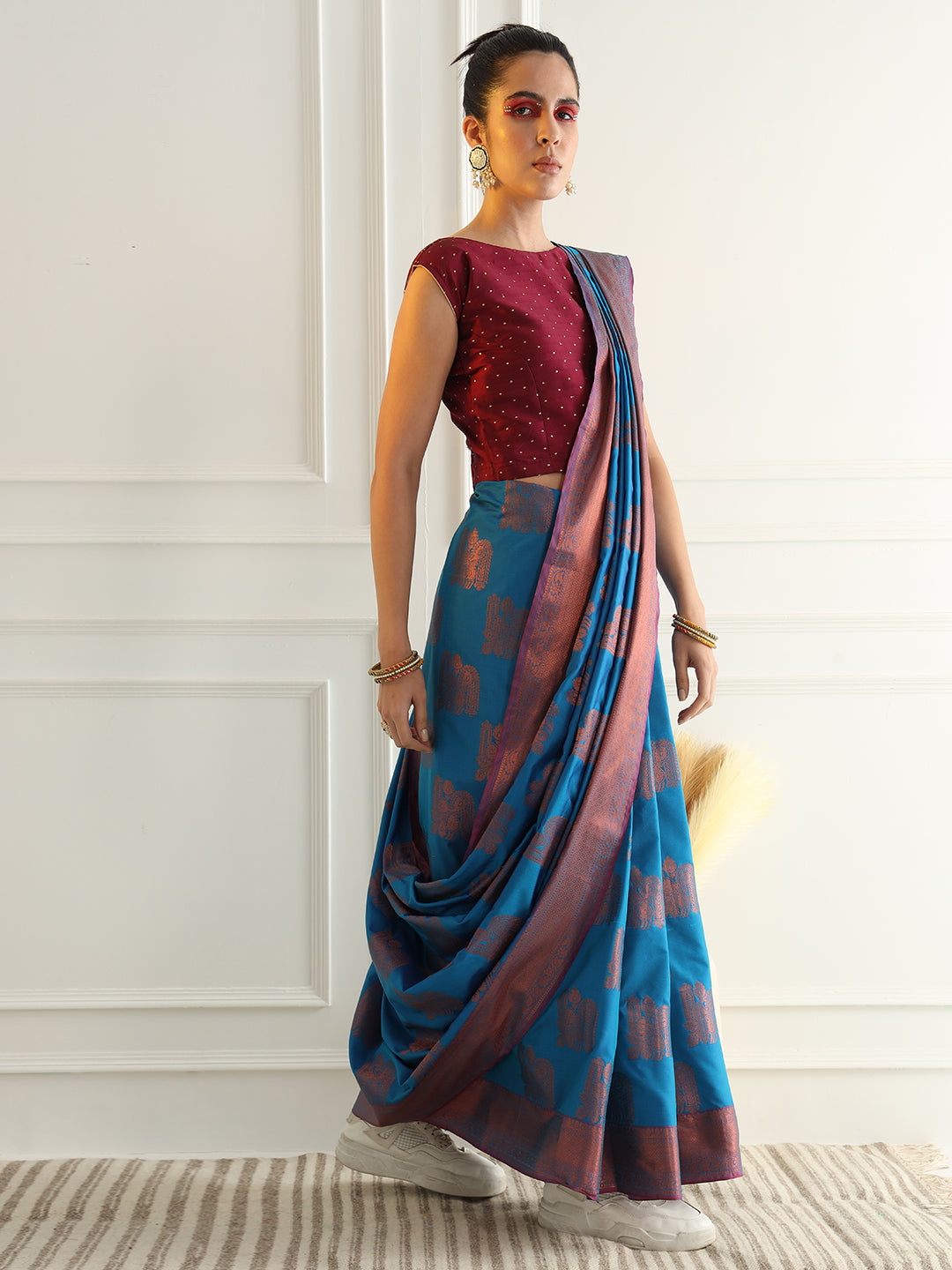 Traditional South Silk Saree with Mughal inspired Zari Woven Motifs
