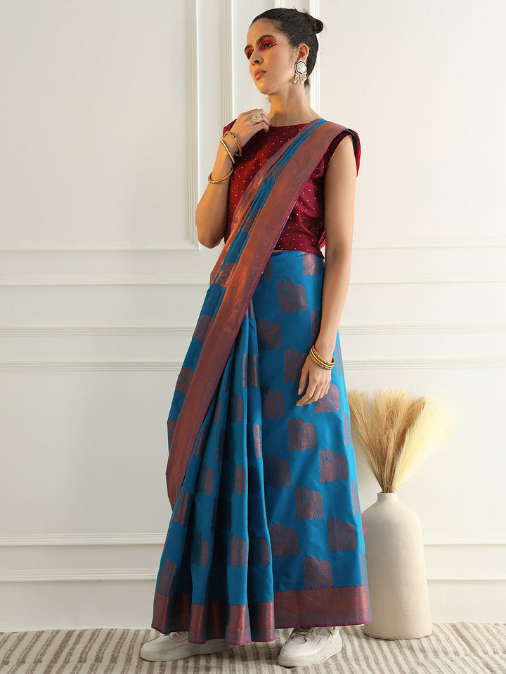 Traditional South Silk Saree with Mughal inspired Zari Woven Motifs