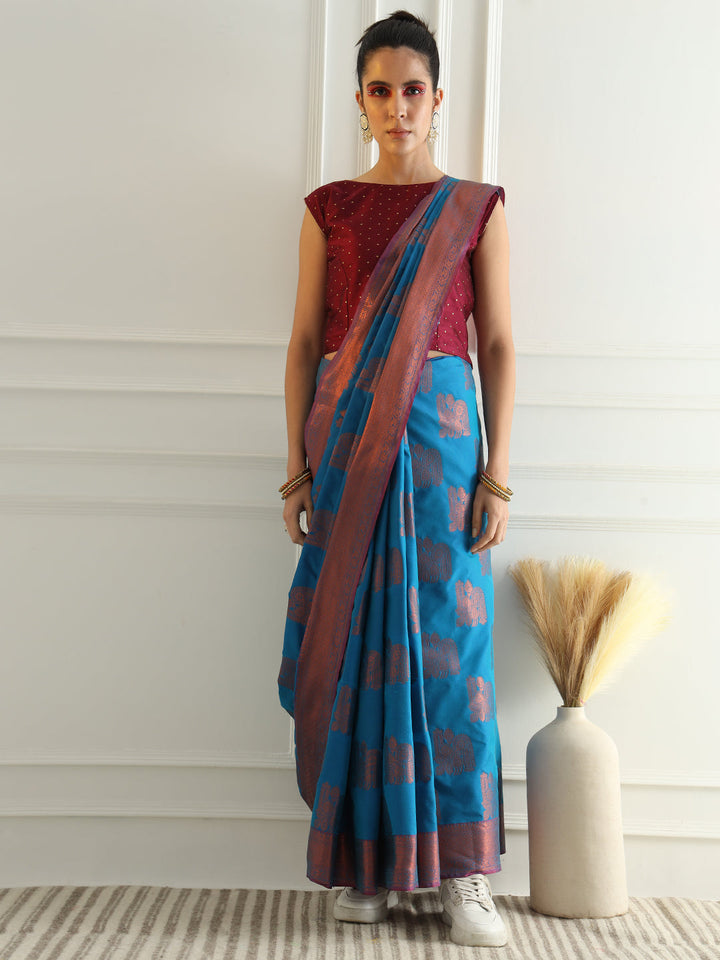 Traditional South Silk Saree with Mughal inspired Zari Woven Motifs