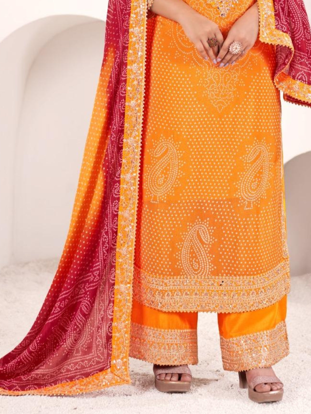 Bandhani Print Mirror Embellished Kurta Set with Embroidered Plazzo & Ombre Dupatta