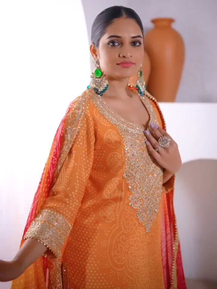 Bandhani Print Mirror Embellished Kurta Set with Embroidered Plazzo & Ombre Dupatta