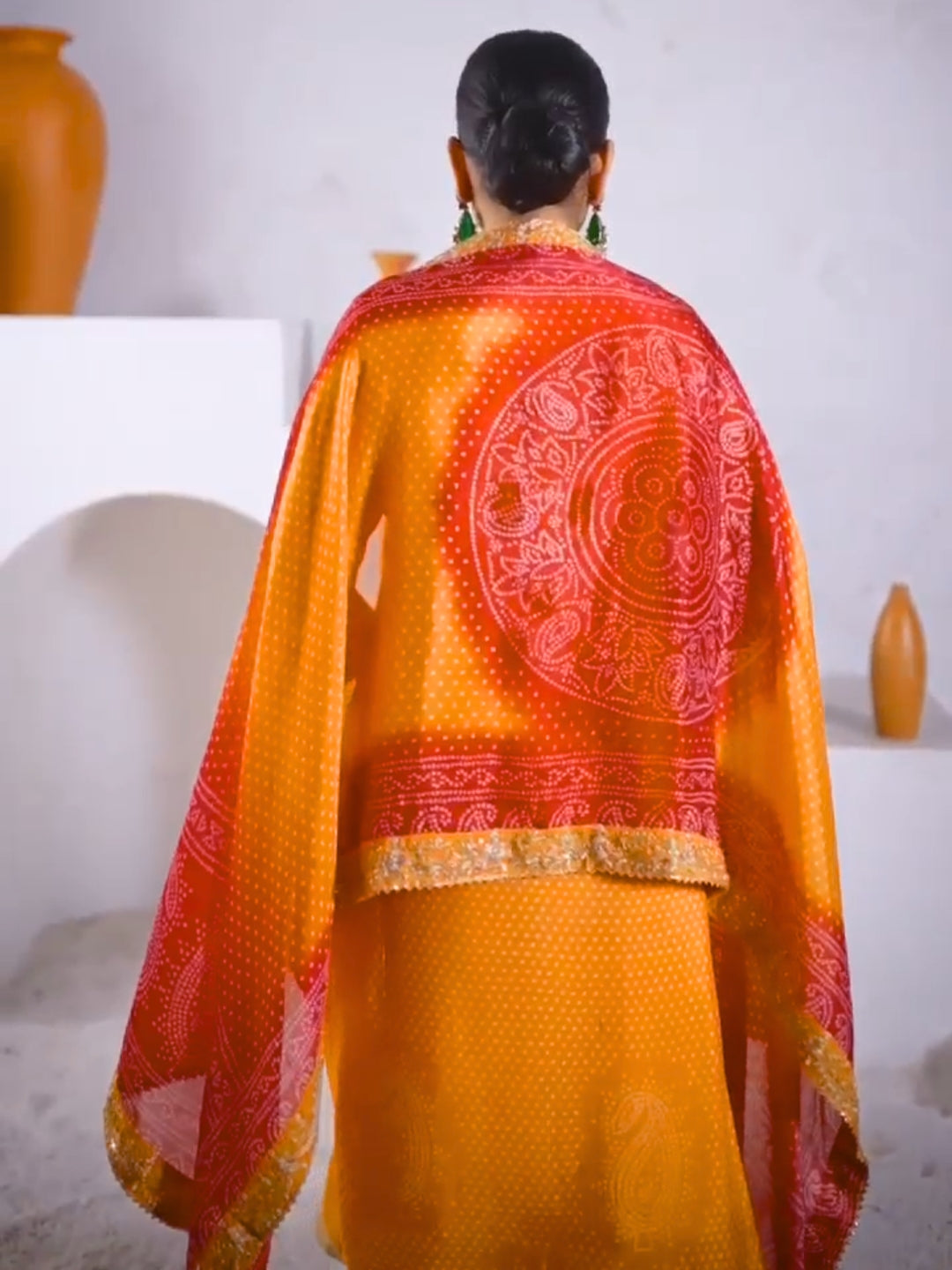 Bandhani Print Mirror Embellished Kurta Set with Embroidered Plazzo & Ombre Dupatta