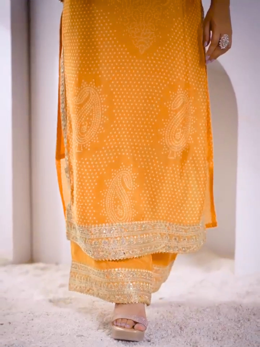 Bandhani Print Mirror Embellished Kurta Set with Embroidered Plazzo & Ombre Dupatta