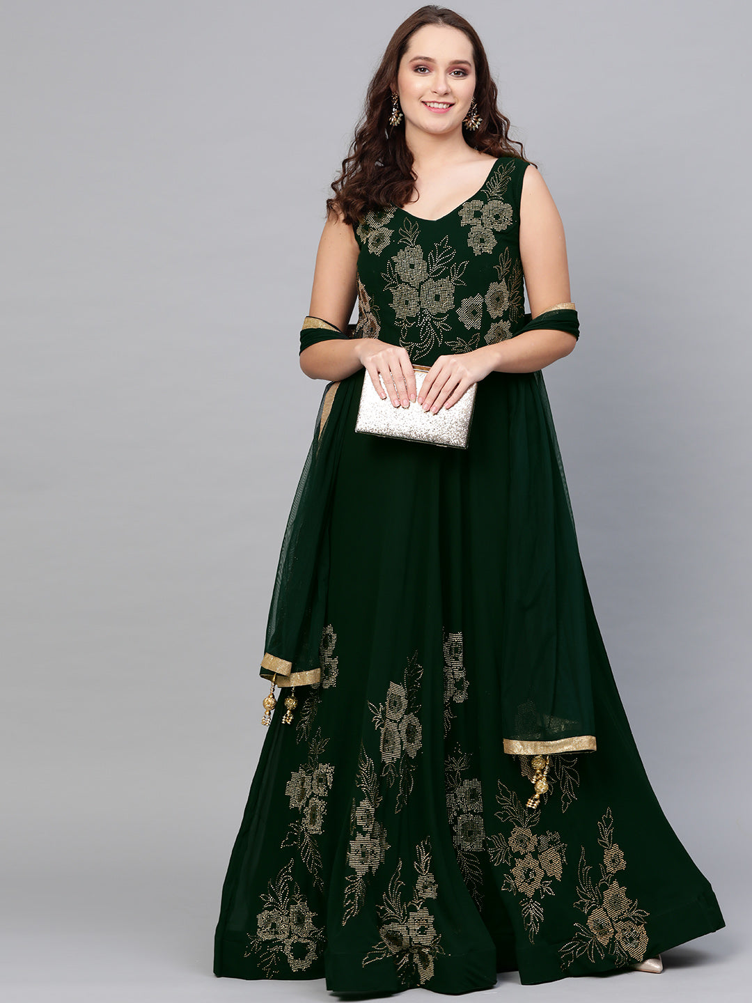Embellished Georgette Cocktail Gown with Tassled Dupatta