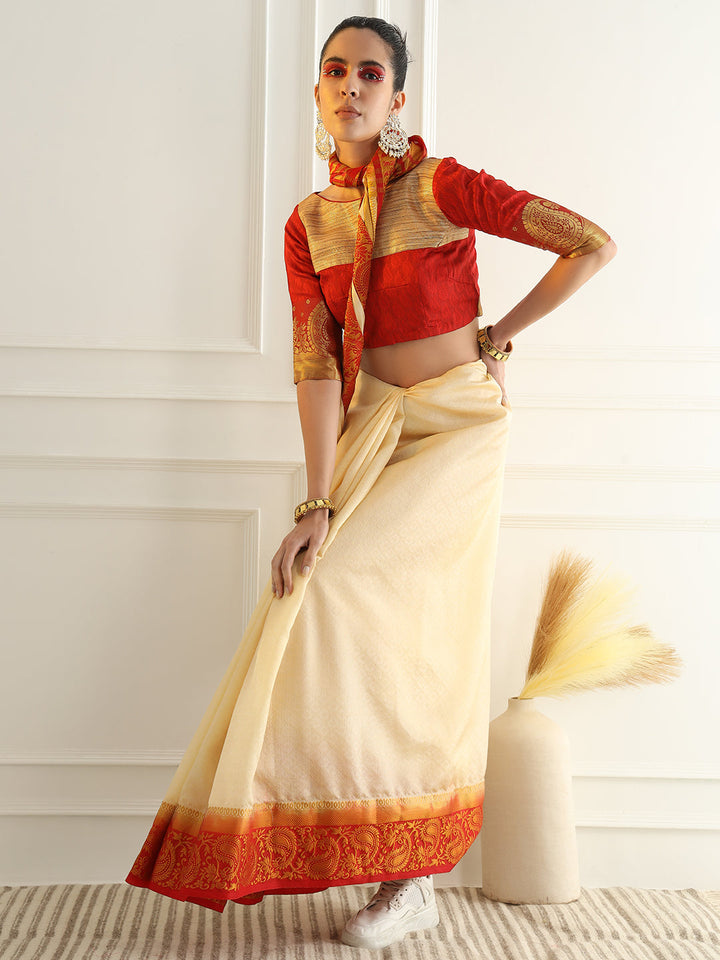 Colorblocked Banarasi Silk Saree with Zari Woven Paisley Motifs Border