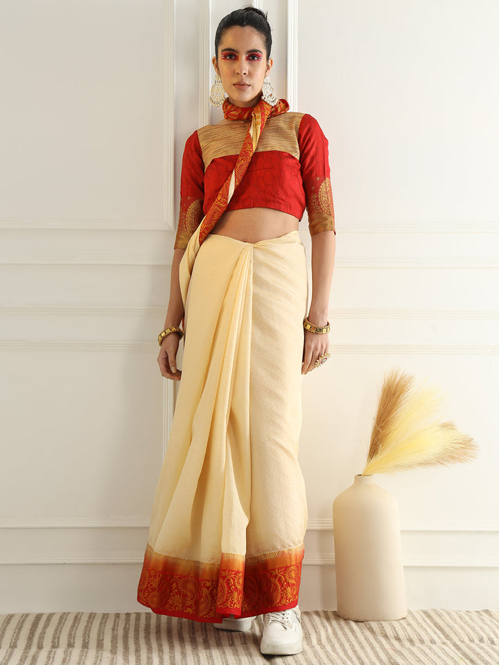 Colorblocked Banarasi Silk Saree with Zari Woven Paisley Motifs Border