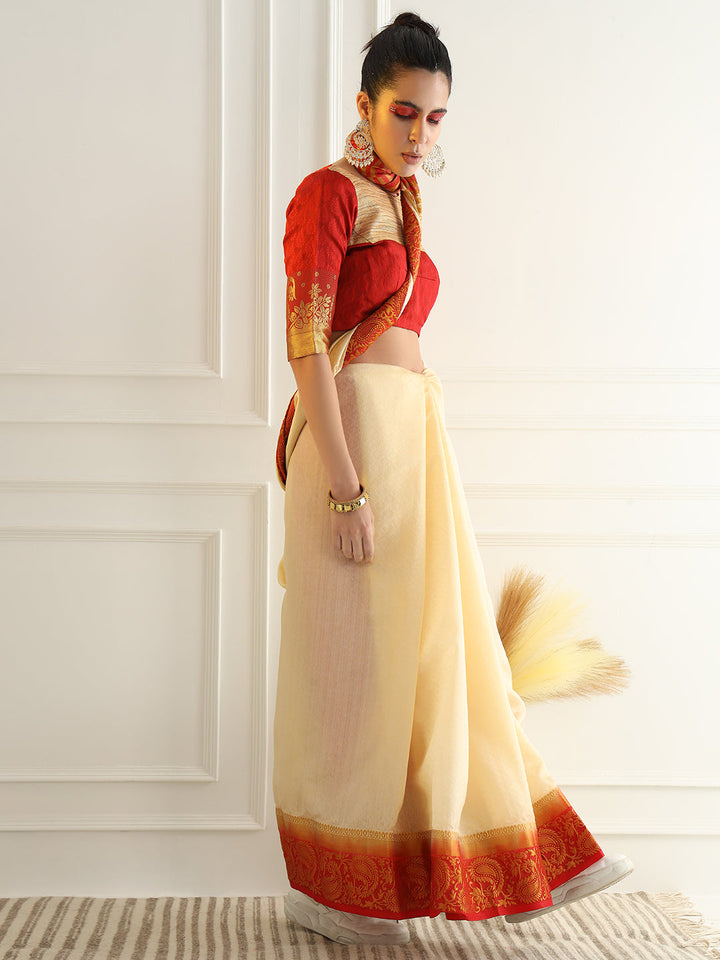 Colorblocked Banarasi Silk Saree with Zari Woven Paisley Motifs Border