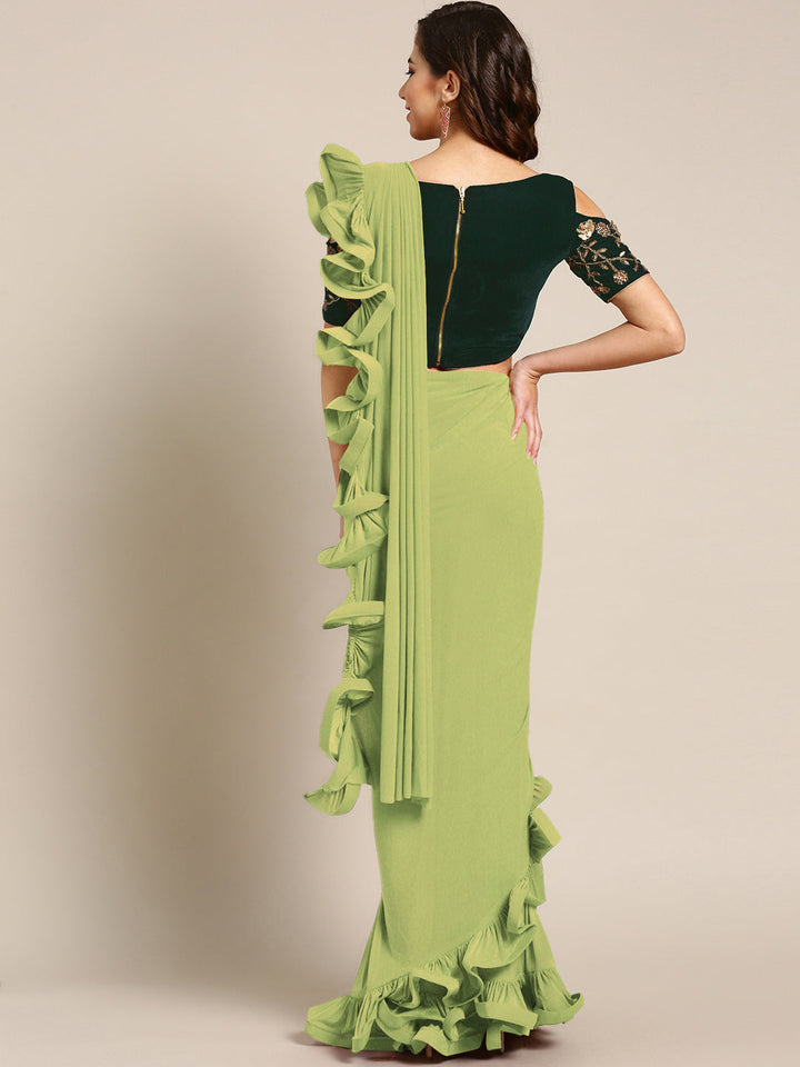 Draped Ruffled Pre-stitched Saree with Velvet Sequinned Crystal Embellished Blouse