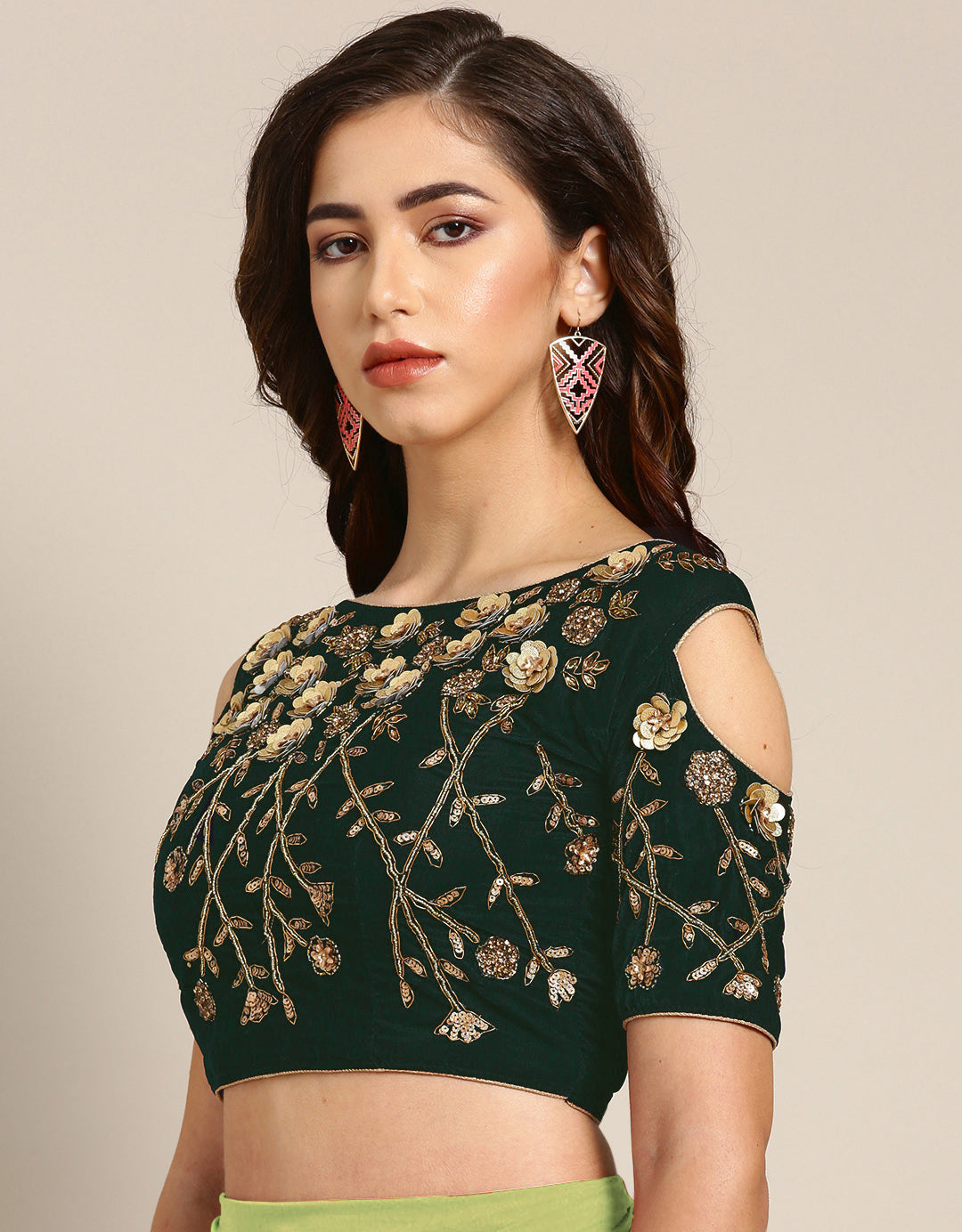 Draped Ruffled Pre-stitched Saree with Velvet Sequinned Crystal Embellished Blouse