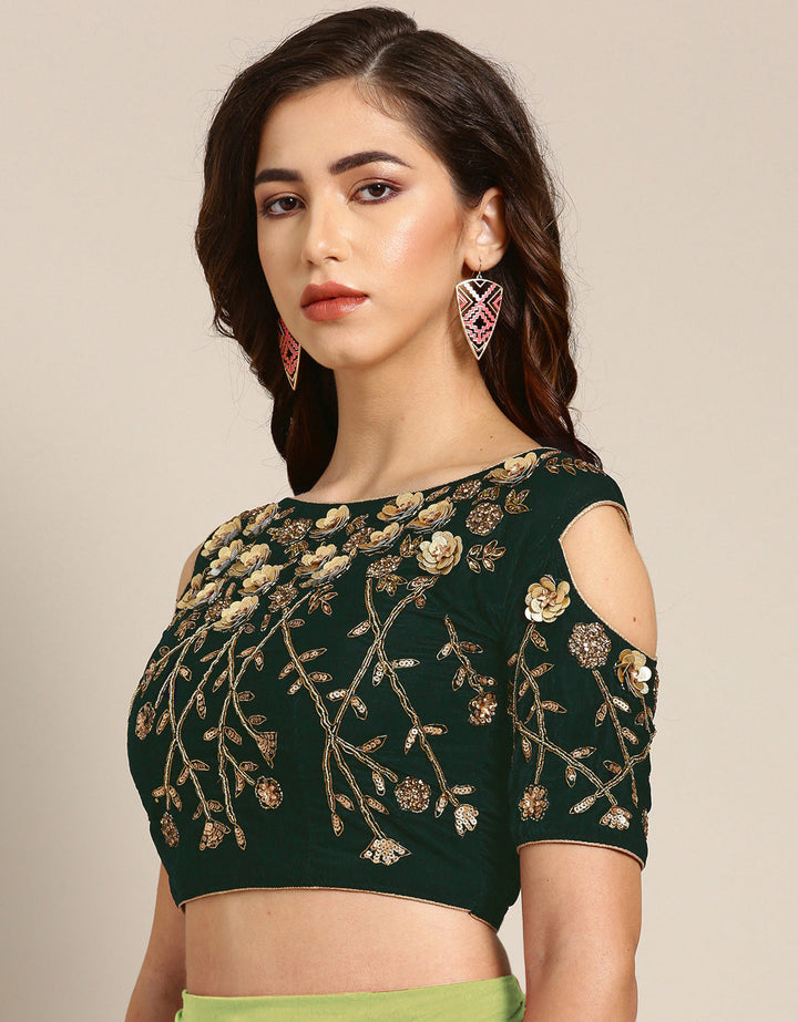 Draped Ruffled Pre-stitched Saree with Velvet Sequinned Crystal Embellished Blouse