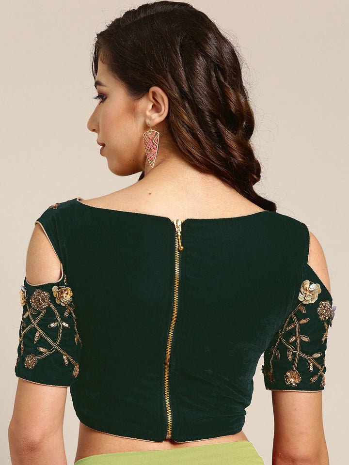 Draped Ruffled Pre-stitched Saree with Velvet Sequinned Crystal Embellished Blouse