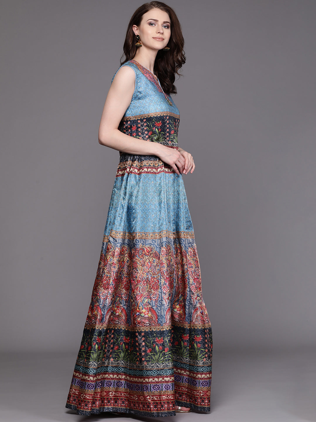 Embellished Cocktail Gown with Bohemian Print and Sequinned dupatta