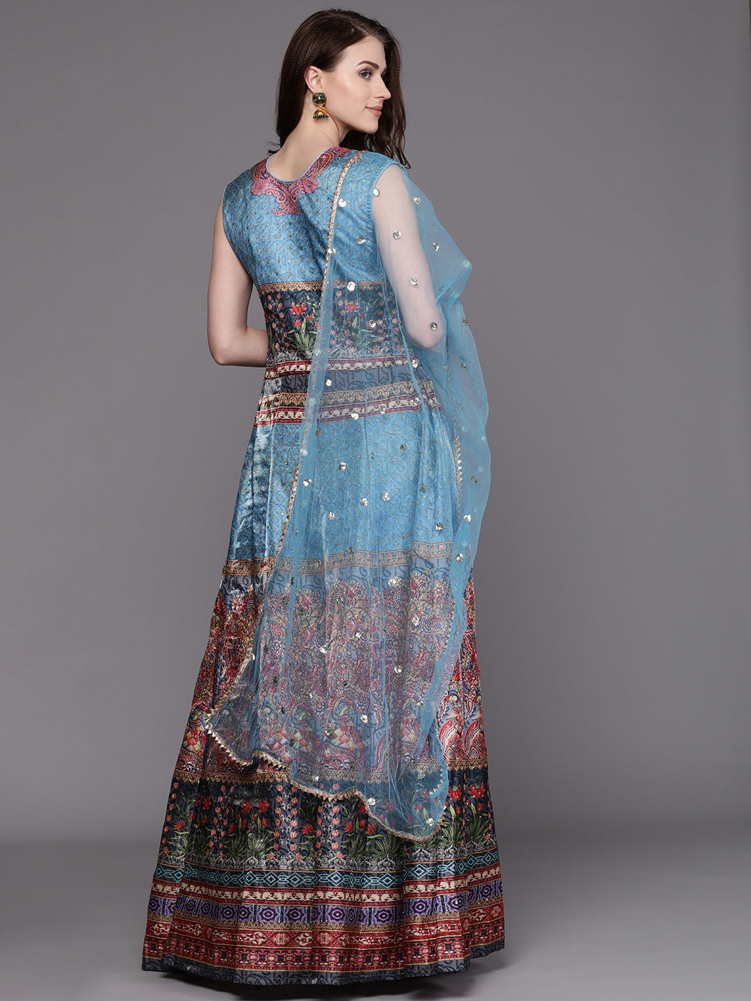 Embellished Cocktail Gown with Bohemian Print and Sequinned dupatta