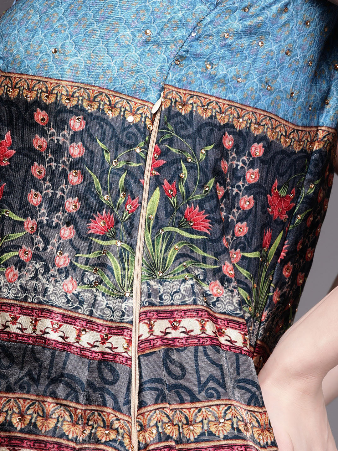 Embellished Cocktail Gown with Bohemian Print and Sequinned dupatta
