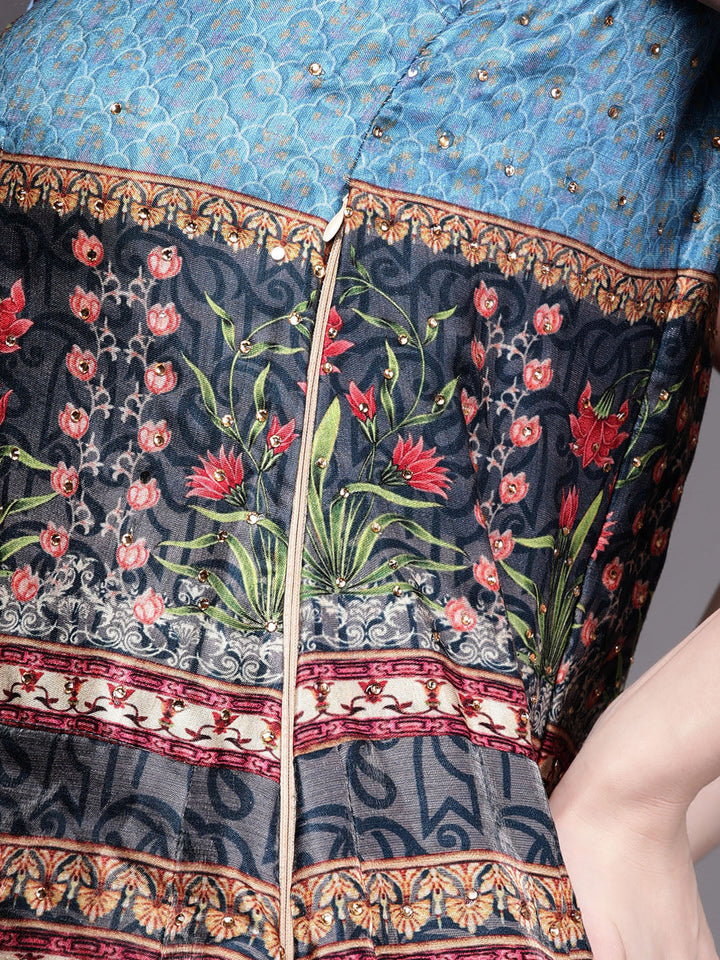 Embellished Cocktail Gown with Bohemian Print and Sequinned dupatta