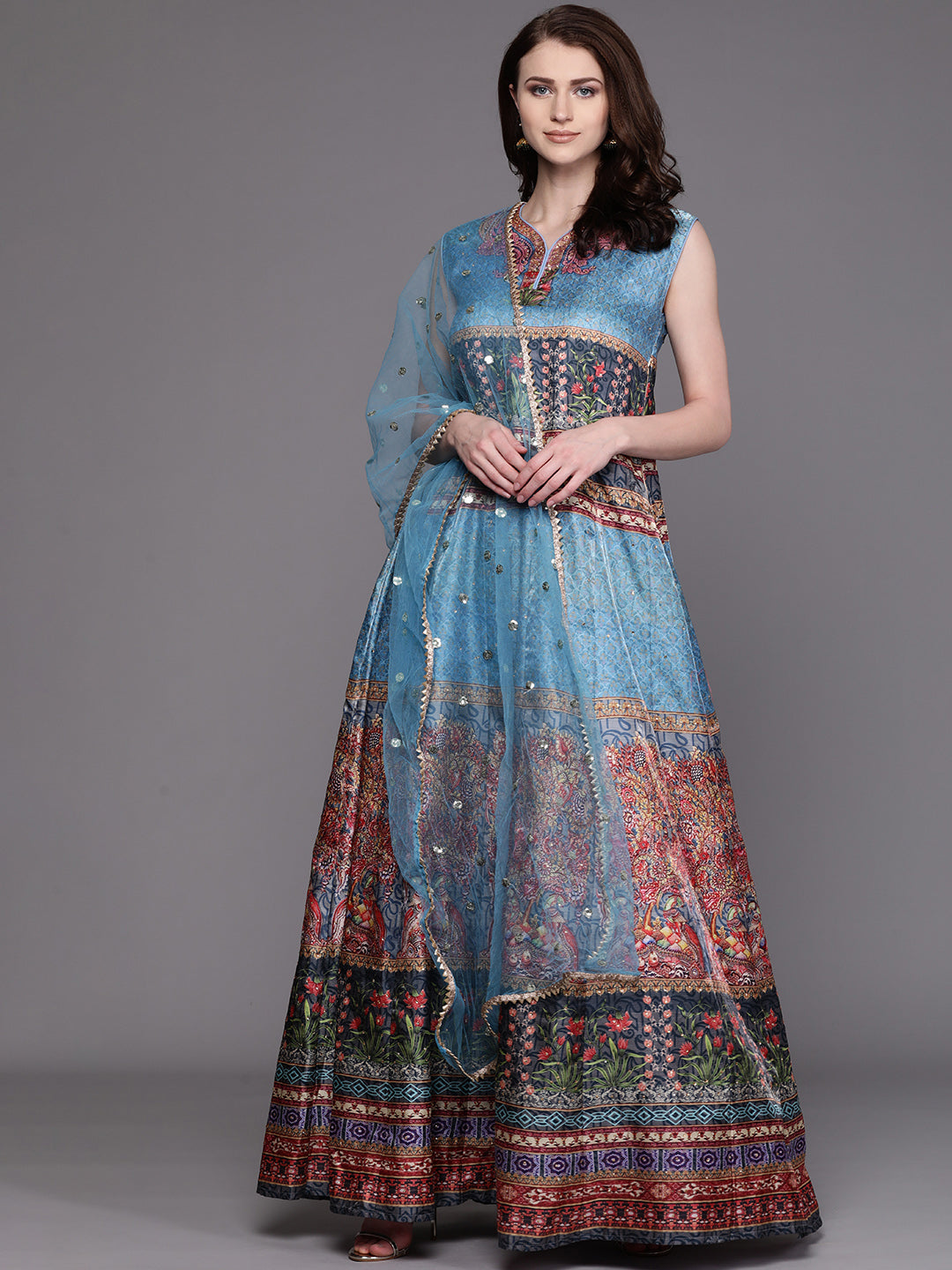 Embellished Cocktail Gown with Bohemian Print and Sequinned dupatta