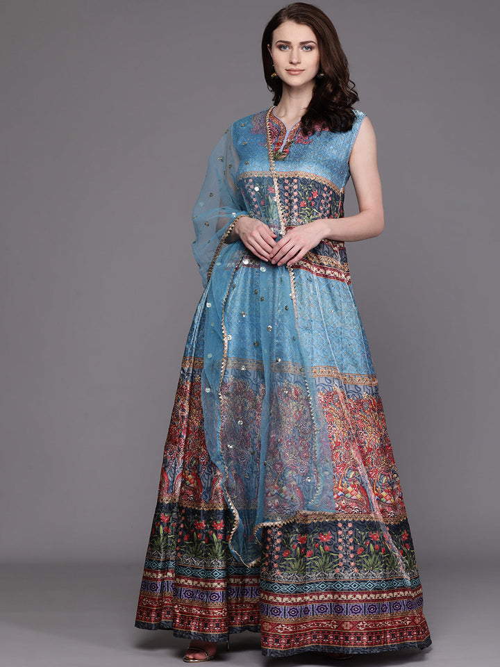 Embellished Cocktail Gown with Bohemian Print and Sequinned dupatta