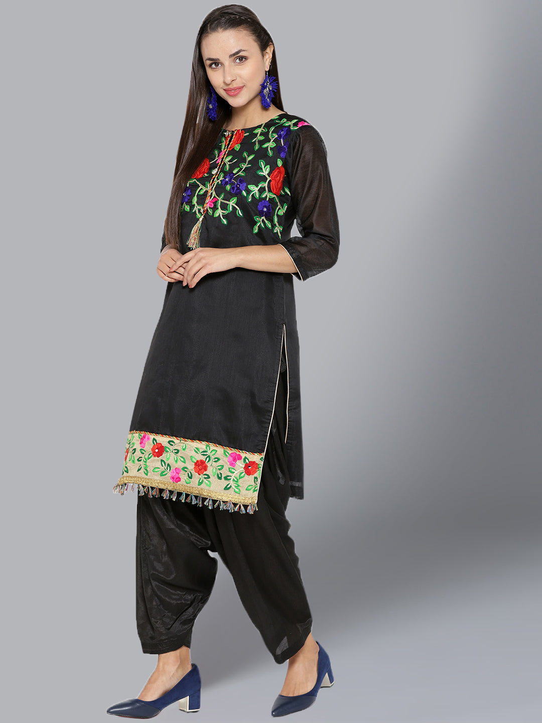 Chanderi Dress Material with Floral Phulkari Embroidery