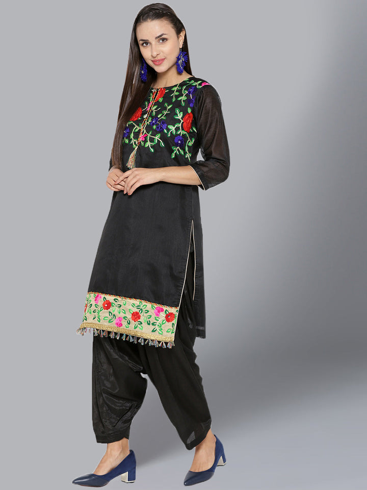 Chanderi Dress Material with Floral Phulkari Embroidery