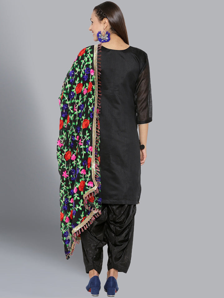Chanderi Dress Material with Floral Phulkari Embroidery
