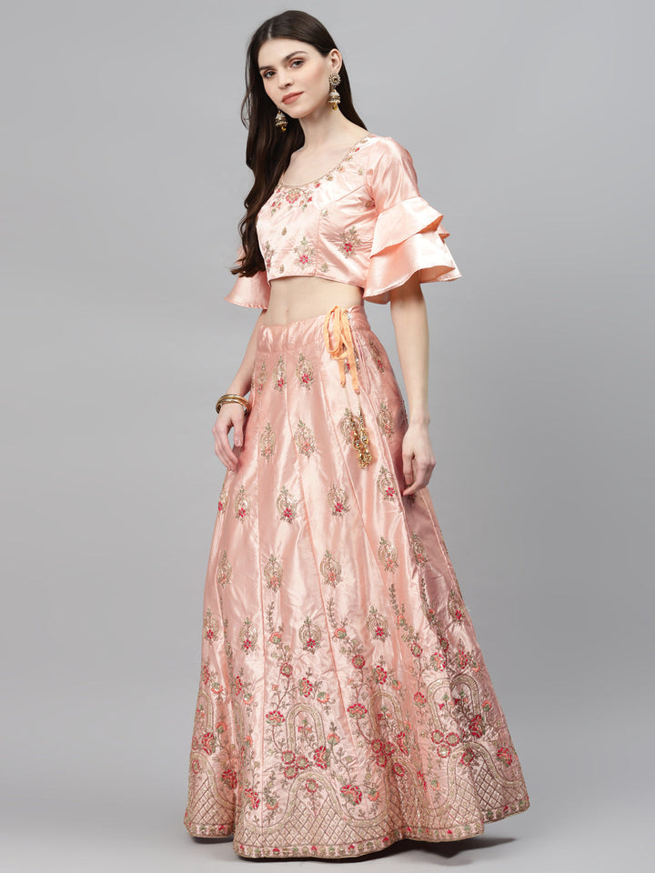 Pastel Semi-Stitched Lehenga Set with Zari & Resham Meenakari Floral Embroidery