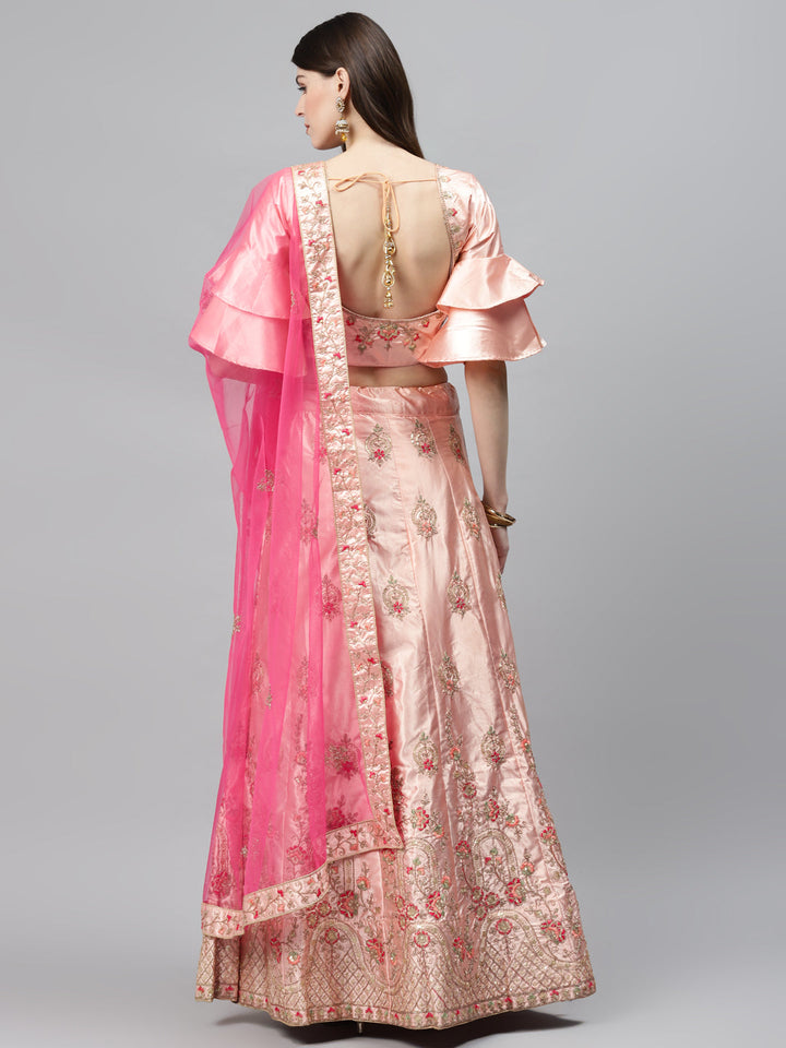 Pastel Semi-Stitched Lehenga Set with Zari & Resham Meenakari Floral Embroidery