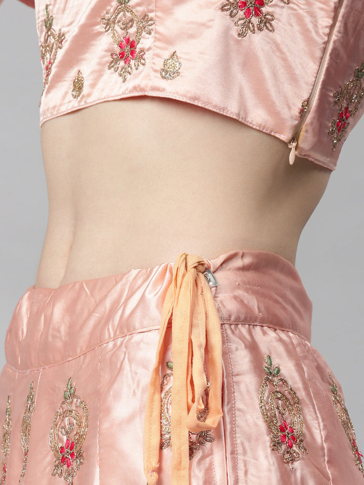 Pastel Semi-Stitched Lehenga Set with Zari & Resham Meenakari Floral Embroidery