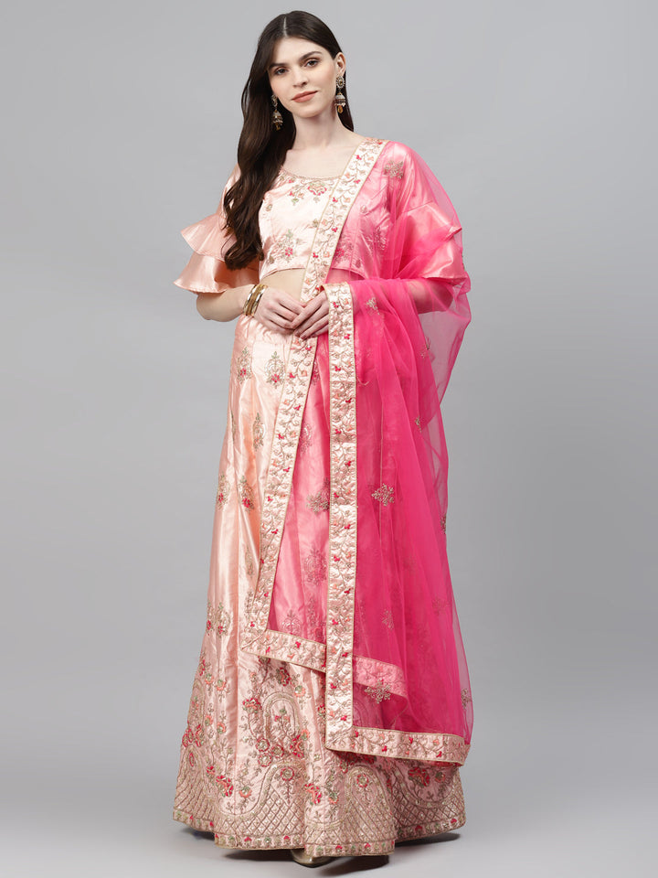 Pastel Semi-Stitched Lehenga Set with Zari & Resham Meenakari Floral Embroidery