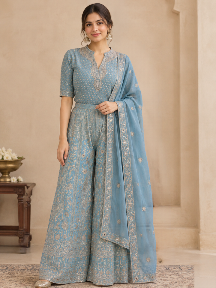 Sky Blue Sequin Embroidered Sharara Suit with Net Dupatta