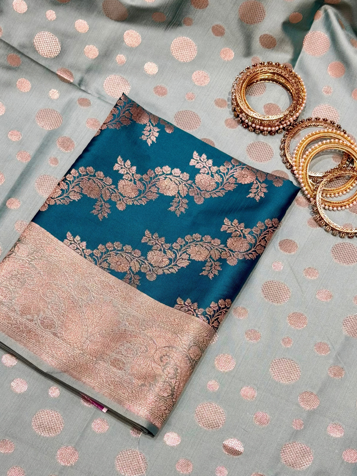 Teal Blue Zari Woven Floral Vine Dress Material with Sage Polka Dupatta