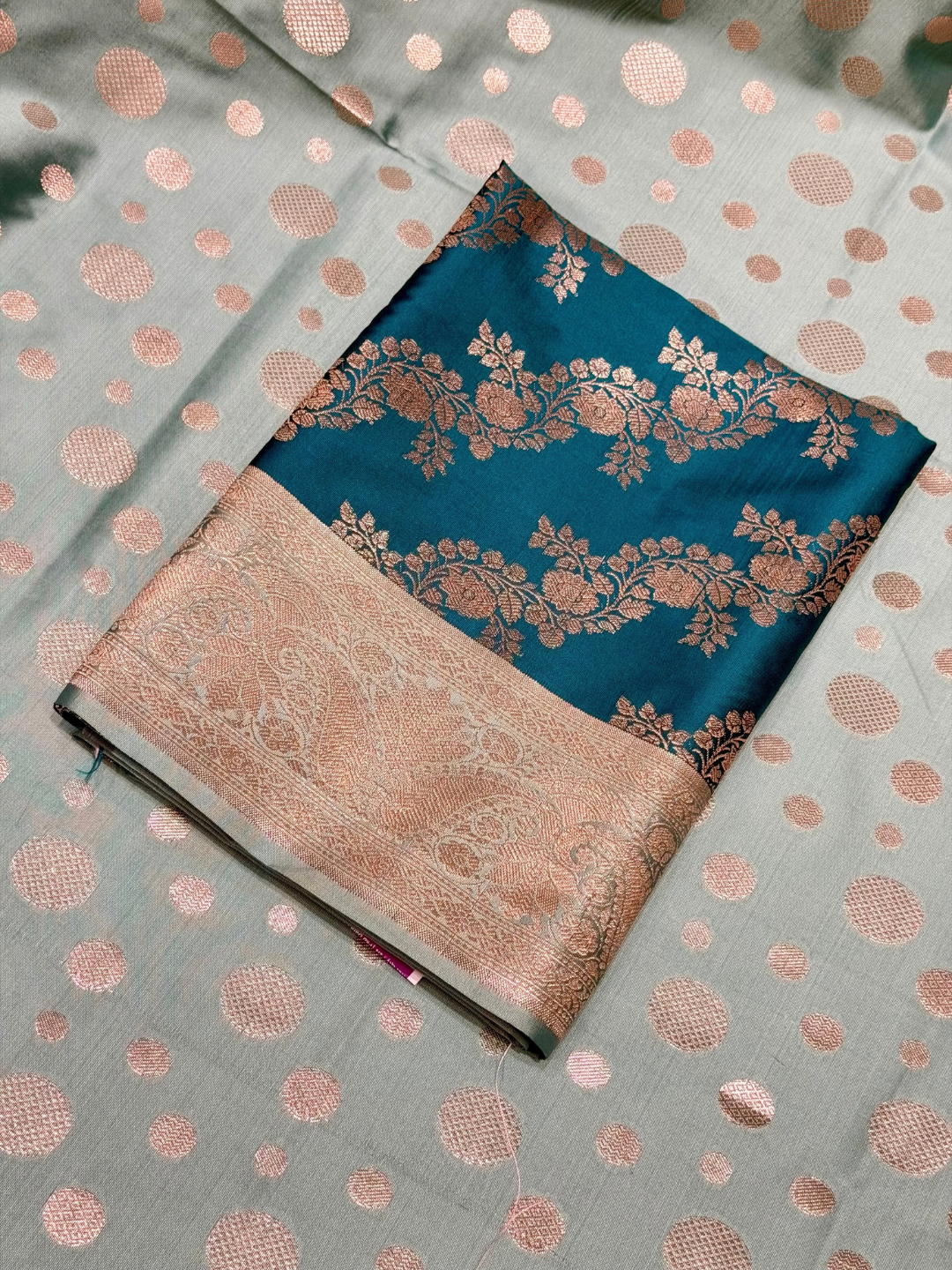 Teal Blue Zari Woven Floral Vine Dress Material with Sage Polka Dupatta